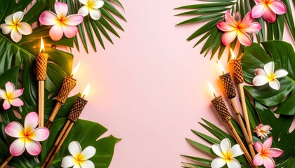 Tropical luau flat lay background with tiki torches and plumeria flowers