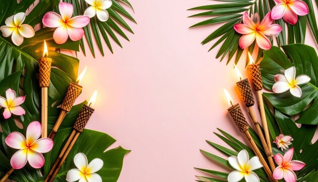 Tropical luau flat lay background with tiki torches and plumeria flowers