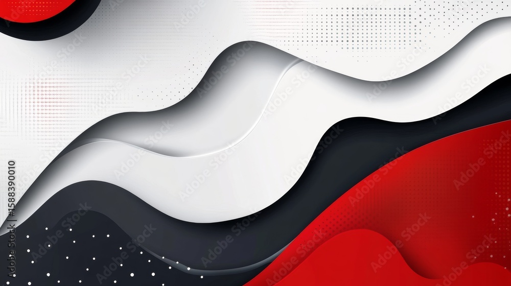 Poster abstract layered background with wavy shapes in black white and red colors, dynamic and modern desig