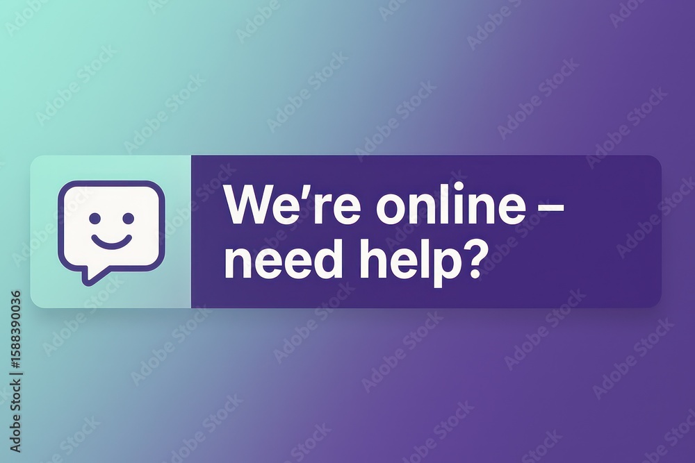 Poster online help icon with a smiley face in a chat bubble on blurred modern gradient background invite vi