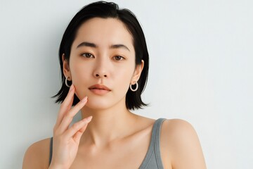 若い女性のナチュラルビューティーポートレート（白背景・ショートヘア）生成AI・Natural beauty portrait of a young woman with short black hair against white background（Generative AI）