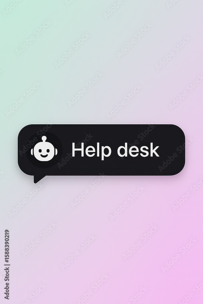 Poster help desk assistant bubble with robot face and rounded shape customer support service, pink gradient