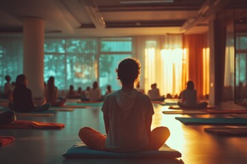 Meditation session at a yoga studio serene environment indoor space tranquil atmosphere peaceful view