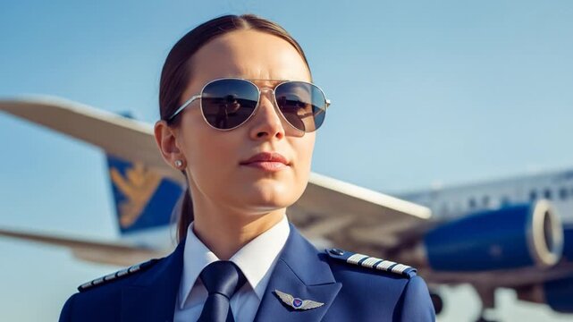 Confident woman pilot in uniform and sunglasses near large commercial airplane in daylight