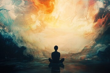 Contemplative meditation scene abstract landscape digital artwork serene environment dramatic viewpoint inner peace