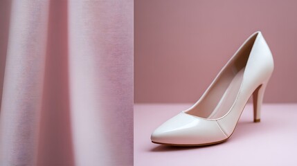 Obraz premium High-heel shoes placed on left, soft pink backdrop blurred, copy space on right 
