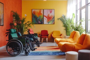 Accessible seating arrangement modern lounge interior design vibrant colors cozy atmosphere inclusive space