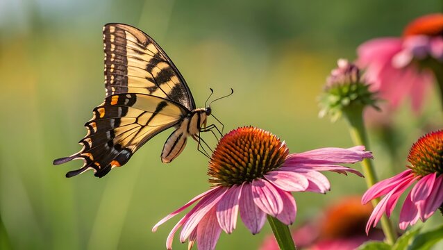 Eastern Tiger Swallowtail Butterfly Feeding on a Purple Coneflower in a Summer Garden with a Soft Green Background and Warm Lighting - Powered by Adobe