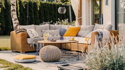 "Cozy Garden Patio with Scandinavian Wicker Sofa and Coffee Table"

