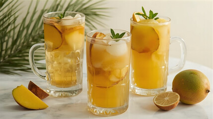 Refreshing tropical fruit infusions in three glass jars: a mix of exotic pineapple, coconut, and mango, perfect for hot summer days. A natural, delicious burst of summer flavor and freshness 