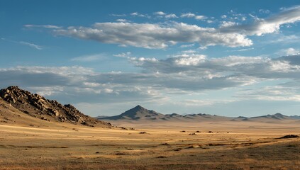 Vast desert plain with distant mountain under blue sky and scattered clouds
