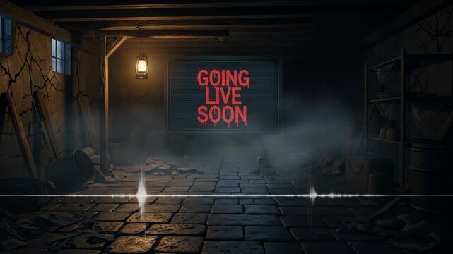 Creepy basement going live soon screen with flickering lantern and eerie atmosphere for a scary stream