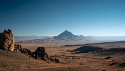 Wide open steppe landscape with rocky mountains under clear blue sky