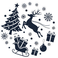 A circular arrangement of black silhouette Christmas icons