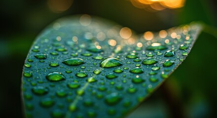 Dew Drops on Leaf Reflecting Sunlight