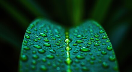 Water Droplets on Green Leaf in Dark Ambiance