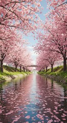 Cherry Blossom Trees Along Waterway in Blooming Spring Park Scene