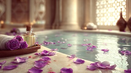 Luxurious spa bath with rose petals and essential oils in a sunlit hammam-style setting, evoking serenity, indulgence, and aromatic escape