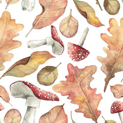 Square seamless pattern with red fly agaric mushrooms and fallen leaves. Watercolor hand painted detailed forest plants on white background, design for wrapping paper, textile, clothing and wallpapers