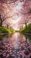 Cherry Blossom Trees Overlooking Calm Water with Falling Petals in Spring Park Scene