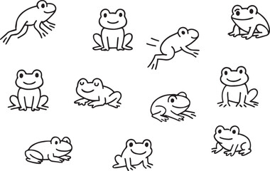 Obraz premium Minimal Cartoon Frog Poses: Sitting, Jumping & Relaxed Amphibian Vector Set