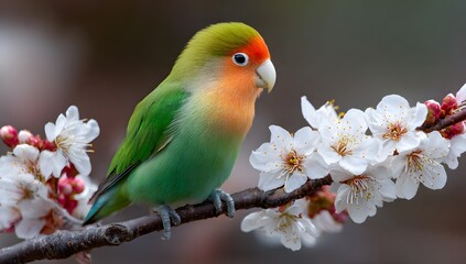 Colorful lovebird perched on cherry blossom branch in spring