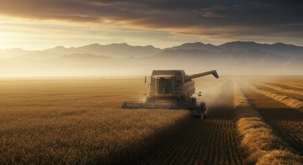 Fototapeta premium Combine Harvester Working Golden Fields at Sunset in Rural Landscape