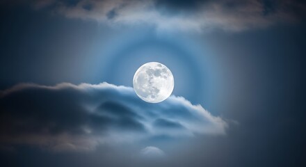 Full moon glows through atmospheric halo and clouds at night