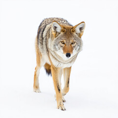 Obraz premium Photo of a coyote walks forward in the snow, its gaze fixed ahead