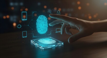Hand interacting with a holographic fingerprint scan, surrounded by digital device icons, representing security and technology.