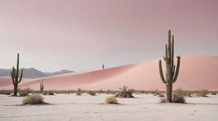 Pastel Pink Desert Landscape with Minimalist Cactus