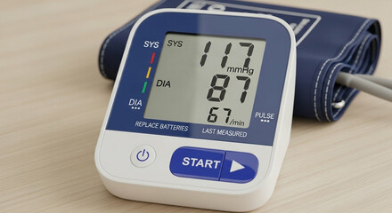 Digital blood pressure monitor showing systolic and diastolic readings and pulse rate