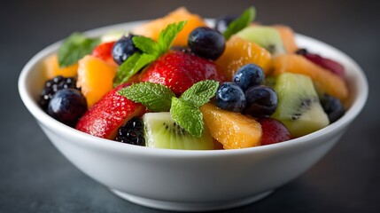 White ceramic bowl filled with colorful fresh fruit salad including strawberries, kiwi, and blueberries, representing healthy eating, freshness, and summer nutrition.