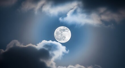 Full moon surrounded by dramatic clouds under a dark blue sky