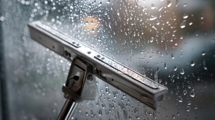 Rain-streaked window being cleaned with a metal squeegee
