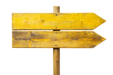 A weathered yellow wooden signpost with two arrows pointing in opposite directions, isolated on white isolated on transparent background