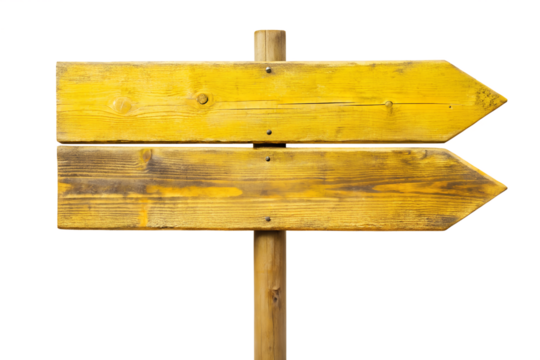 A weathered yellow wooden signpost with two arrows pointing in opposite directions, isolated on white isolated on transparent background