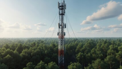 An aerial view of a tall telecommunication tower rising above a vast, dense forest under a clear sky. Concept of global communication and technology in nature