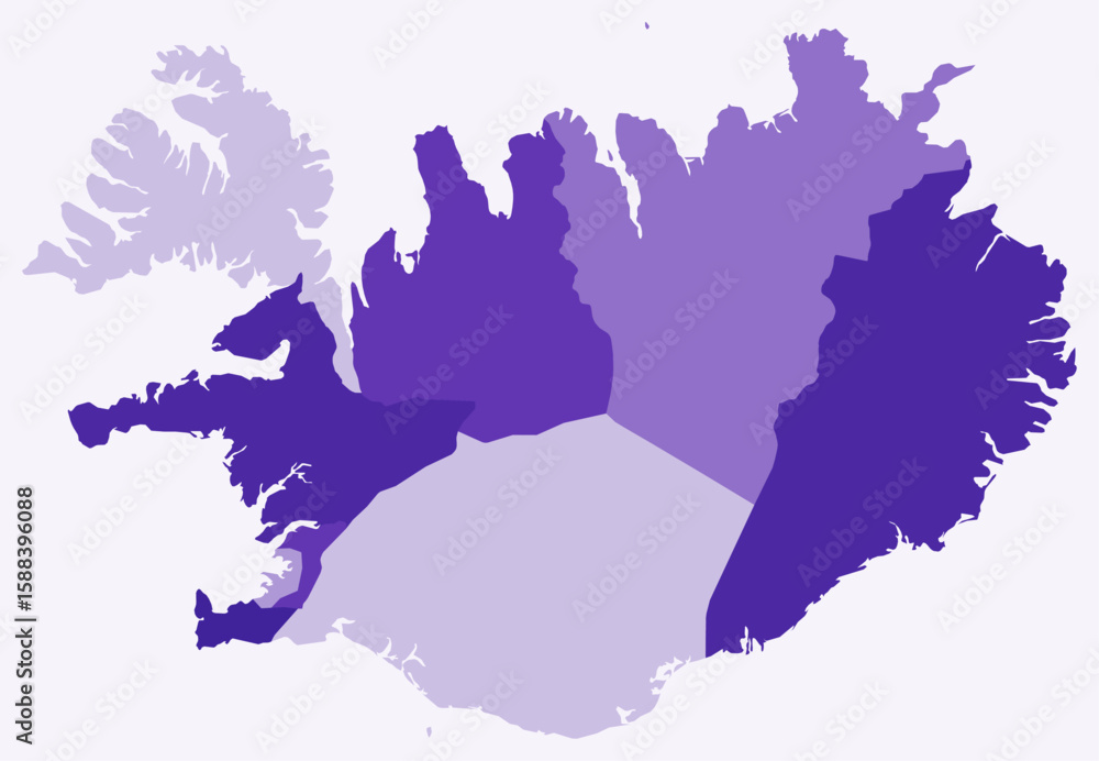 Poster map of iceland with regions. just a simple country border map with region division. deep purple colo