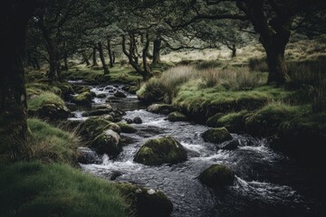 Obraz premium A tranquil creek meanders through a lush, dark forest