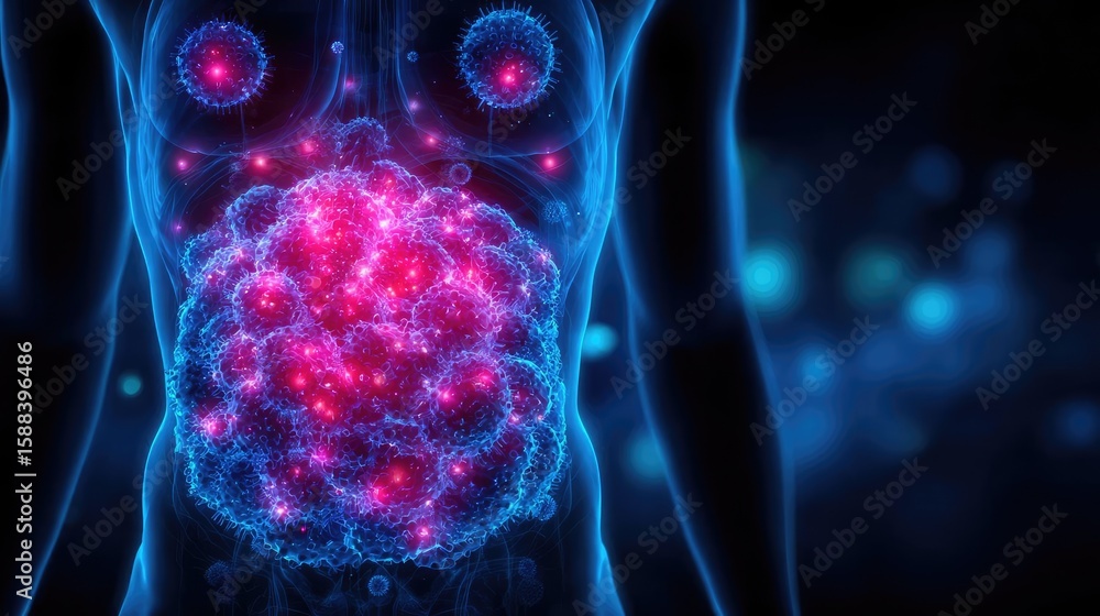 Poster uti symptoms and bladder scan concept. abstract representation of human energy and cellular structur