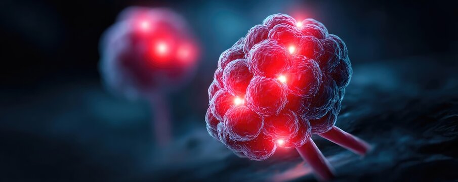 UTI symptoms and bladder scan concept. Abstract depiction of glowing red molecules in a dark environment.