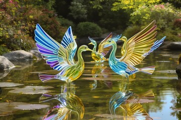 Glass Birds Reflecting: Elegant glass birds of vibrant hues and intricate design, elegantly perched upon a tranquil water surface, creating a captivating display of light and color. 