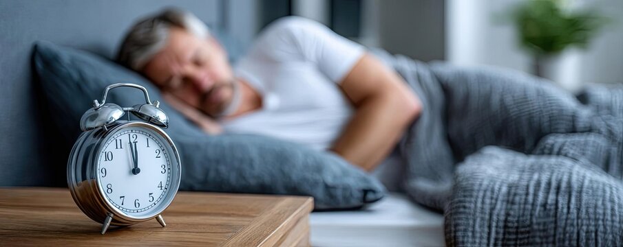 Night urination and urinary stress concept. A man peacefully sleeping while an alarm clock ticks nearby.