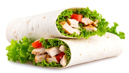 Two chicken wraps stacked, filled with lettuce, tomato, and grilled chicken