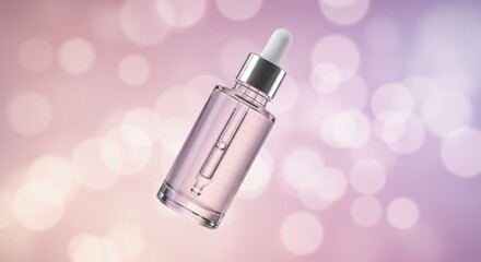 Clear Glass Dropper Bottle with Pink Liquid on Soft Pink Bokeh Background