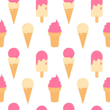 Ice cream cone and popsicle seamless pattern for design and print. Flat vector illustration
