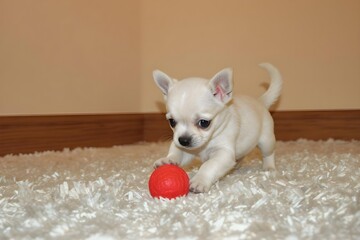 Playful puppy: A small, adorable puppy interacts with a red ball, captured in a candid shot that brings out its natural, playful spirit.