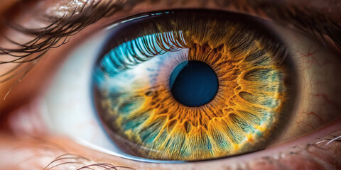Extreme close up macro photograph of a human eye showing intricate iris patterns and eyelashes reflecting light