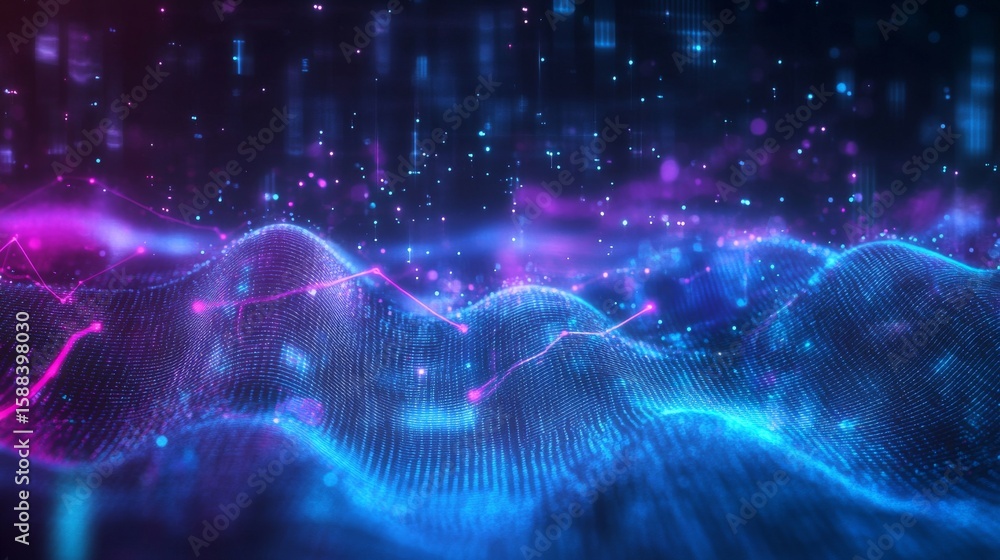Poster abstract futuristic background with a glowing digital wave and bar graph. data science or technology